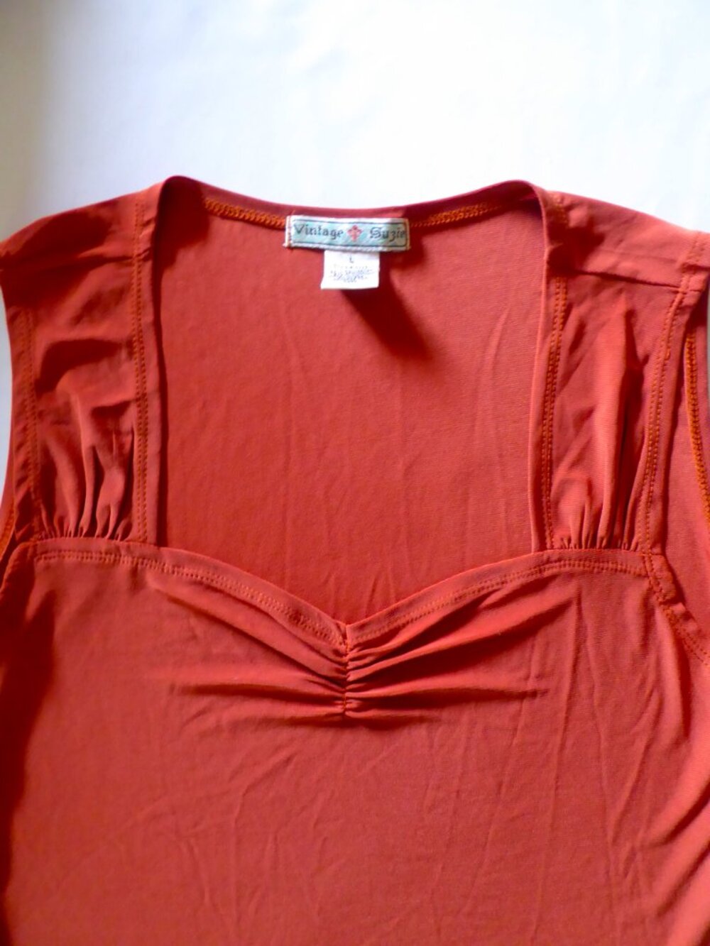 WOMENS VINTAGE SUZIE BRAND STRETCH RUST BURNT ORANGE SLEEVELESS SHIRT TOP LARGE - Picture 9 of 9
